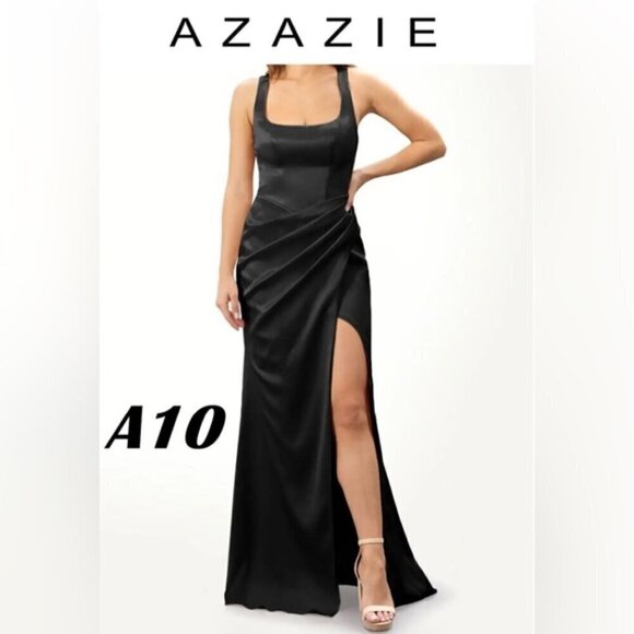 Azazie - Mero Black Sheath Pleated Metallic Satin Dress -Black. Size:A10. (1613) - Picture 1 of 16